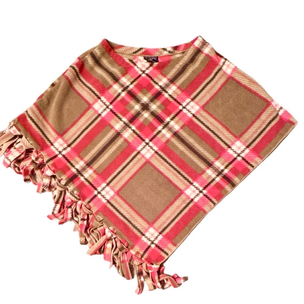 The Children’s Place Plaid Pink & Brown Poncho with fringe. Girls size 5/6